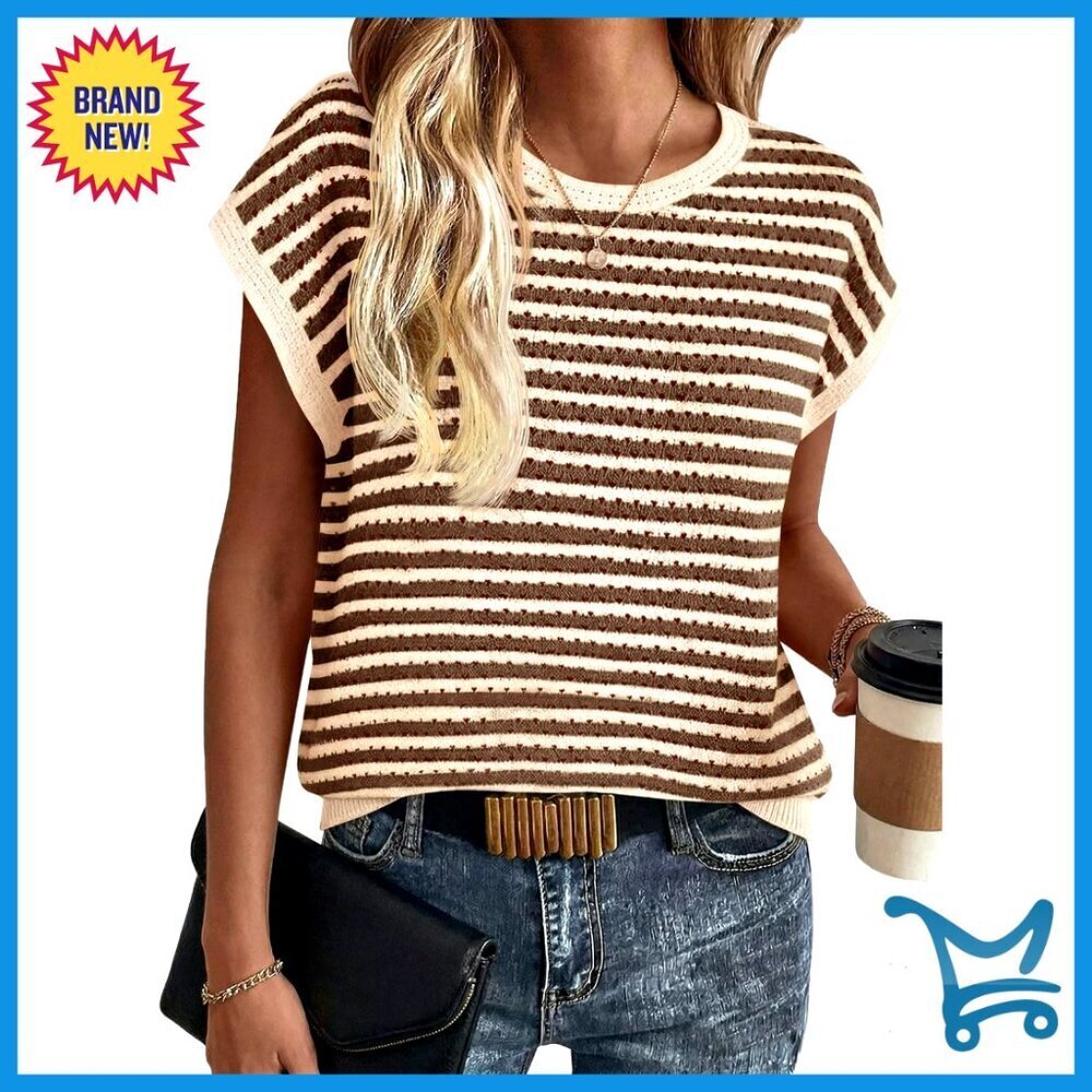 Crochet Knit Sweater Top Casual Boho Striped Summer Pullover T-Shirt